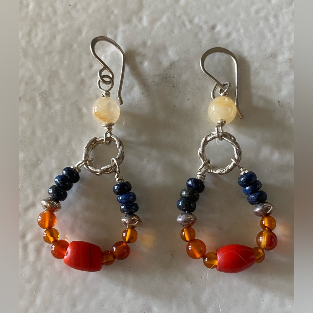 Lapis, Carnelian, Coral Sterling Wire Wrapped Earrings